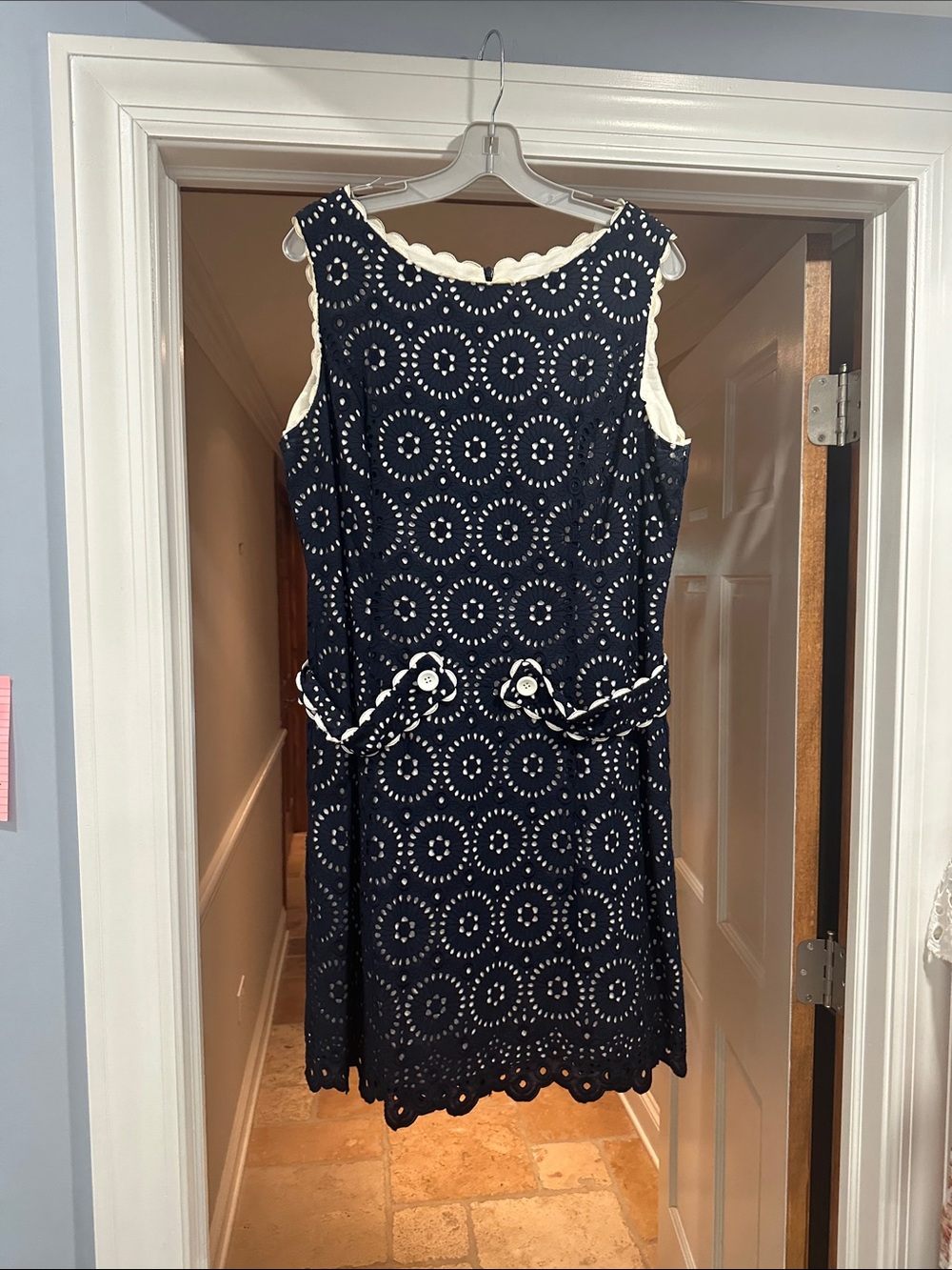 Sara Campbell Navy Eyelet Sleeveless Shift Dress with Cream Trim